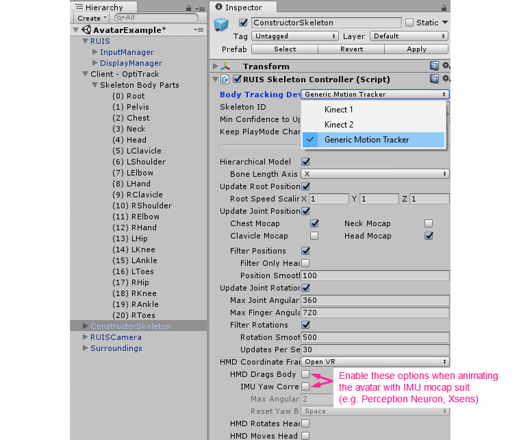 RUISSkeletonController input settings